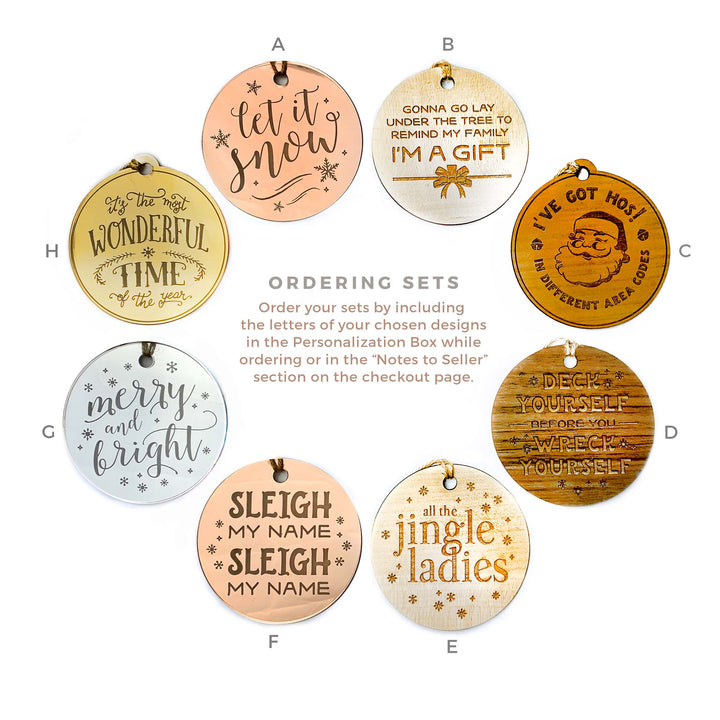 a collection of eight circular ornaments with various holiday-themed designs and text, arranged in a grid.