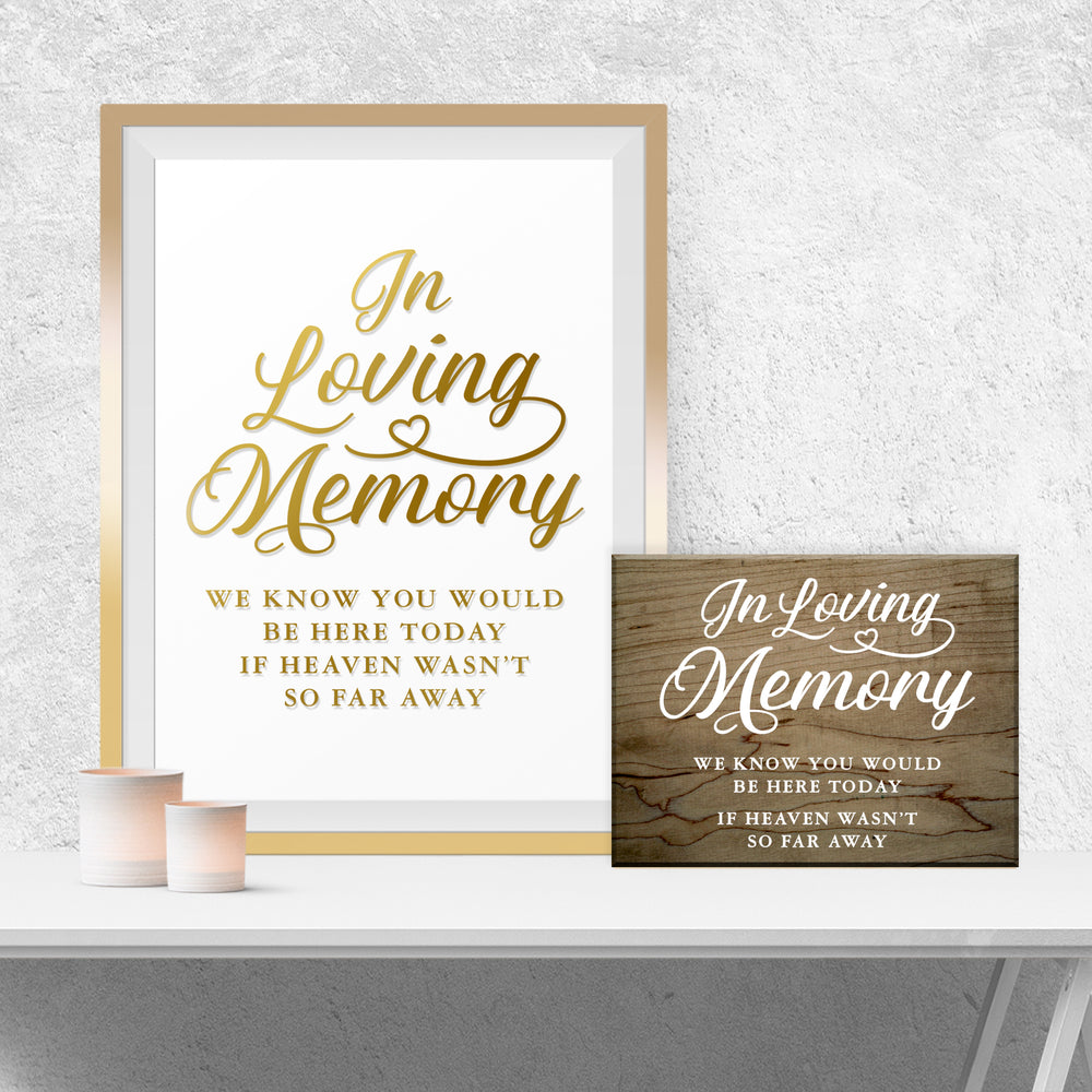 a framed sign with a message about loving memory, and a smaller wooden sign with a similar message.