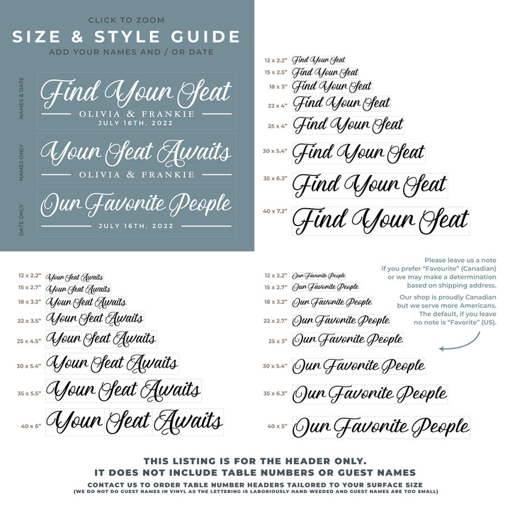 The image is a size and style guide for a wedding, featuring a list of different seat sizes and styles for the bride and groom.