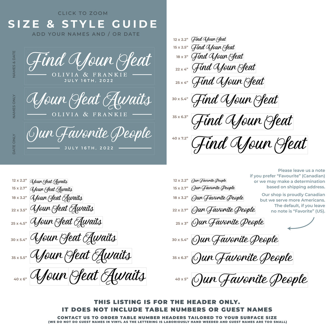 The image is a size and style guide for a wedding, featuring a list of different seat sizes and styles for the bride and groom.