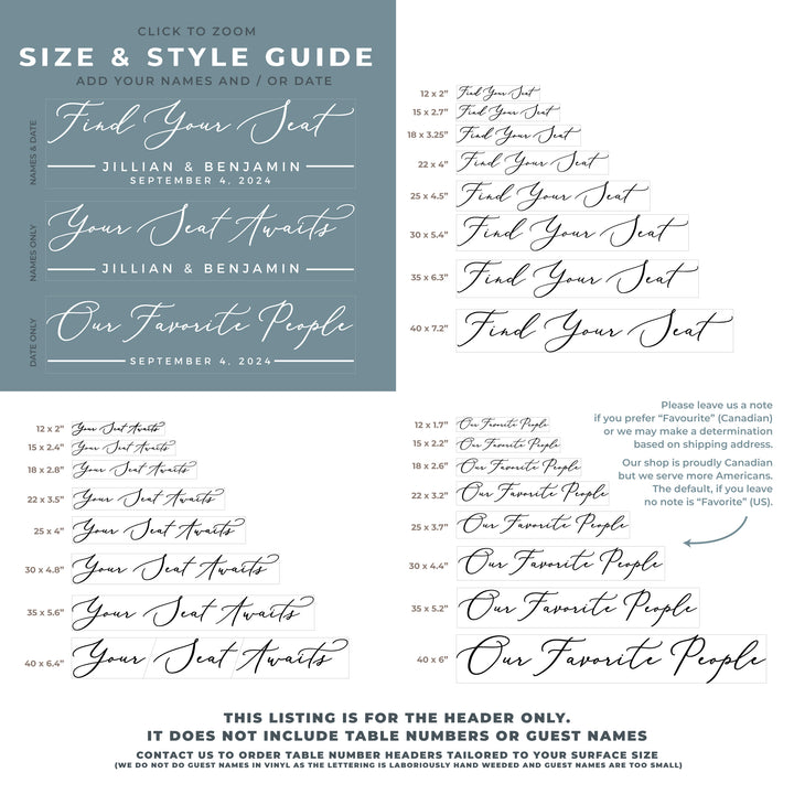 The image is a guide for the header of a wedding invitation, providing information on how to format the seating chart.