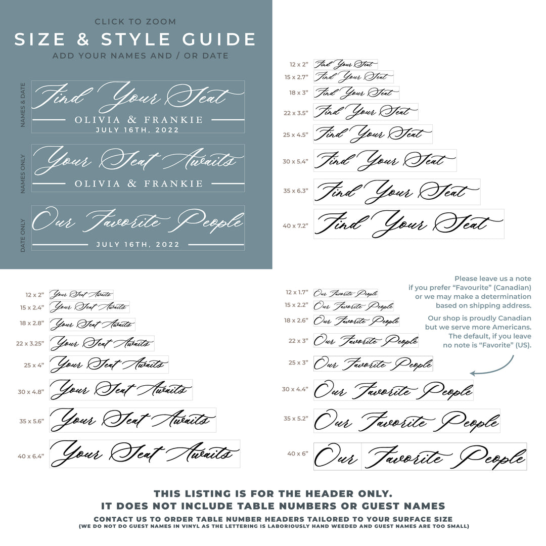 The image is a guide for creating a header for a wedding invitation, providing a list of font sizes and styles to choose from, along with instructions for adding names and/or dates.