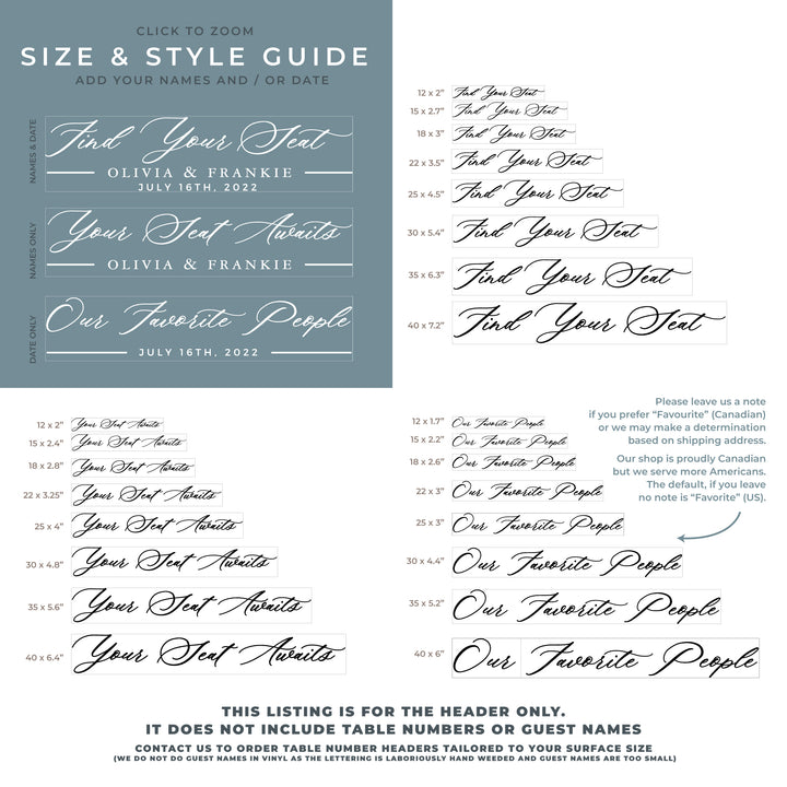 The image is a guide for creating a header for a wedding invitation, providing a list of font sizes and styles to choose from, along with instructions for adding names and/or dates.