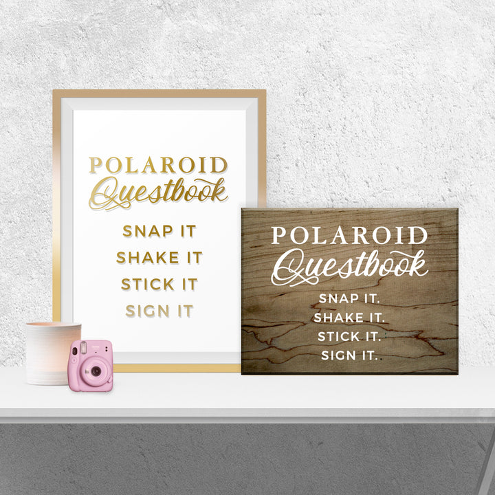 two framed pieces of art, one with a pink Polaroid camera and the other with a wooden frame, both displaying the text "Polaroid Questbook" in a decorative font.
