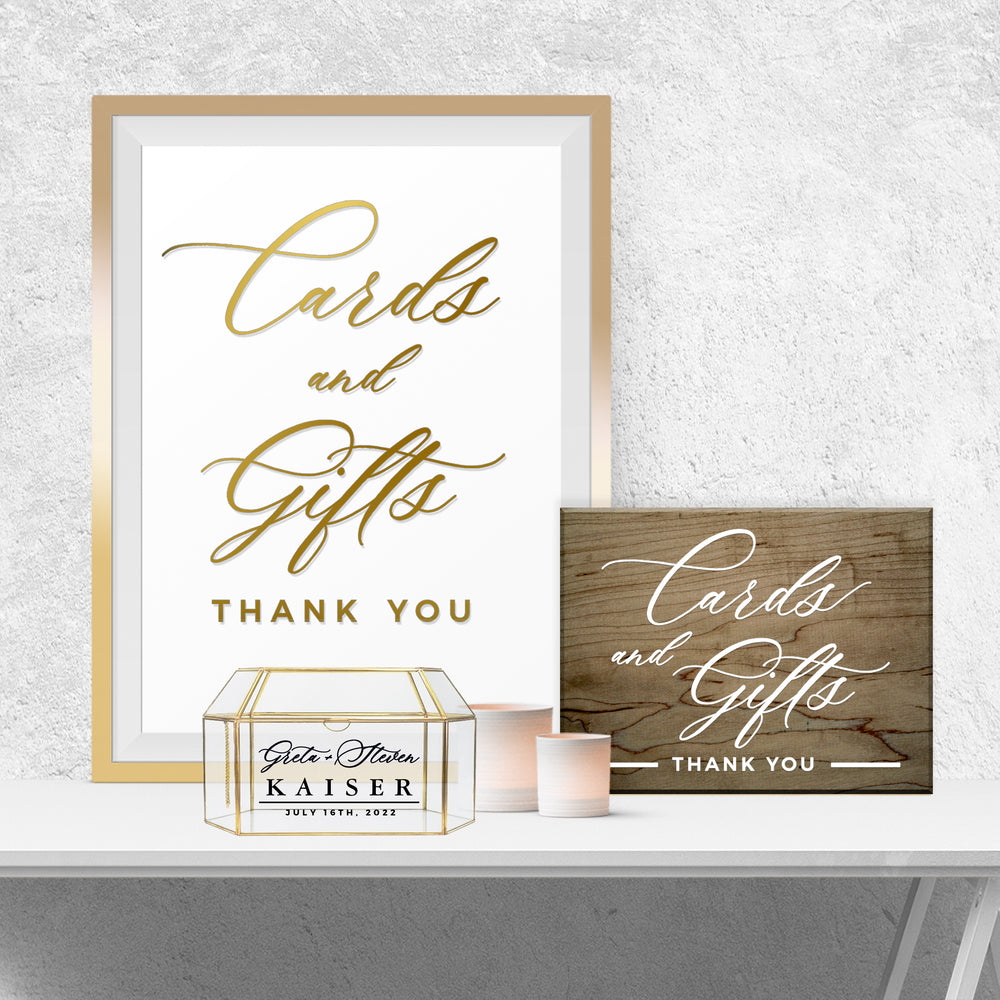 a framed sign that reads "Cards and Gifts Thank You" and a wooden sign that reads "Cards and Gifts Thank You". There is also a small box labeled "Greta & Steven Kaiser JUAN 16th 2016 JUAN 16th 2016 JUAN 16th 2016".