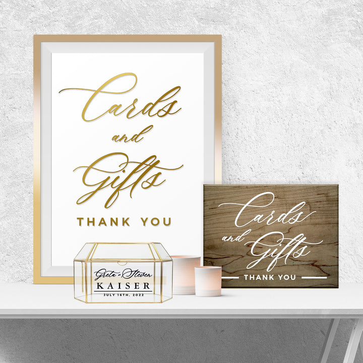 a framed sign that reads "Cards and Gifts Thank You" and a wooden sign that reads "Cards and Gifts Thank You". There is also a small box labeled "Greta & Steven Kaiser JUAN 16th 2016 JUAN 16th 2016 JUAN 16th 2016".