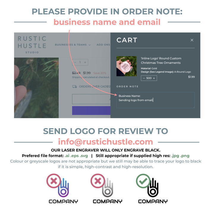 a website for a company called Rustic Hustle Studio, which offers custom ornaments. The website allows users to order or review the ornaments online. The company's logo is displayed in the image, and the website provides a note for the business name and email. The company's logo is sent for review to info@rustichustle.com, and the company's logo is sent for review to info@rustichustle.com. The company's logo is described as a black laser engraver, and the preferred file format is.aep.