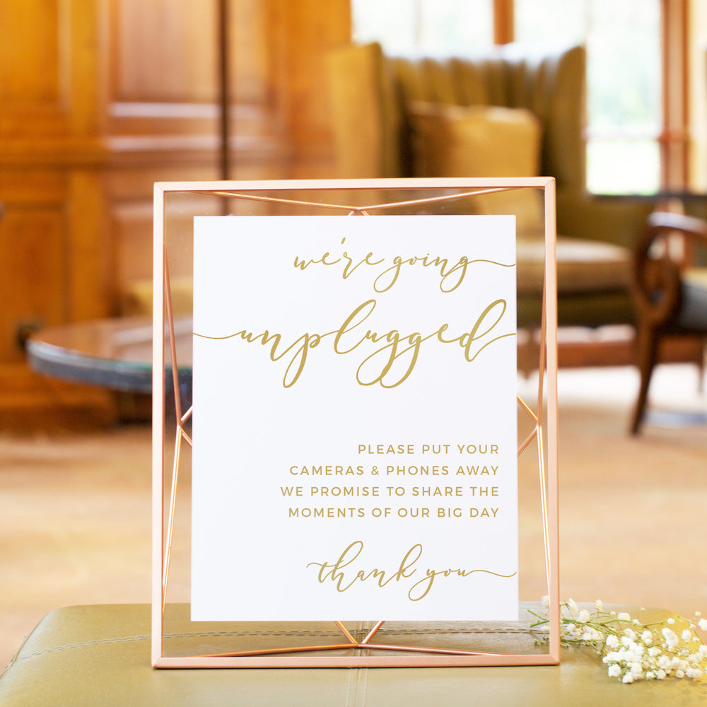 A sign in a frame that says "we're going unpowered" and instructs guests to unplug their cameras and phones to share the moments of the big day.