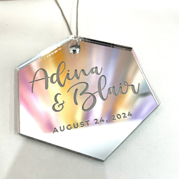 Custom Wedding Favour Ornament, Mirrored Acrylic Bulk Wholesale Logo, Monogram, Couples Name Gifting tag - RUSTIC BANQUET