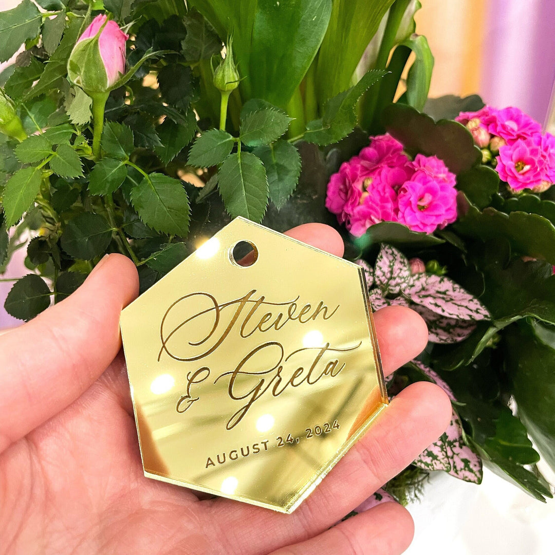 Custom Wedding Favour Ornament, Mirrored Acrylic Bulk Wholesale Logo, Monogram, Couples Name Gifting tag - ROYAL FESTIVITY