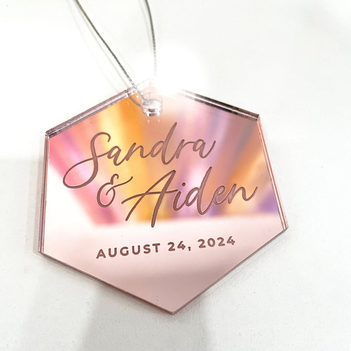 Custom Wedding Favour Ornament, Mirrored Acrylic Bulk Wholesale Logo, Monogram, Couples Name Gifting tag - FAIRYTALE EVENING