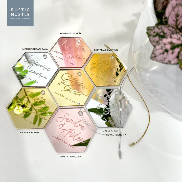 Custom Wedding Favour Ornament, Mirrored Acrylic Bulk Wholesale Logo, Monogram, Couples Name Gifting tag - ROMANTIC SOIREE