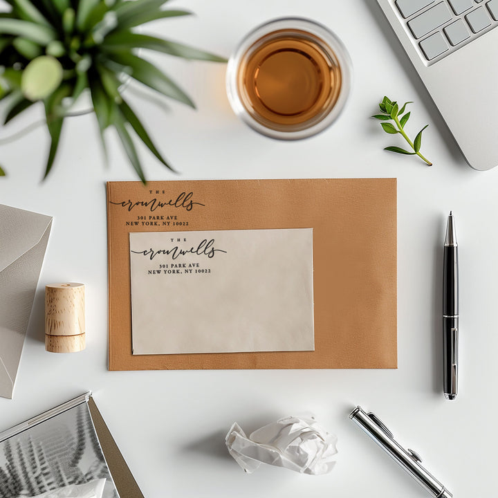 Custom Return Address Wedding Stamp - Personalized Self-Inking Stamp or Rubber Wooden Handle Stamp + Ink Pad, Plant Based - ROMANTIC SOIREE