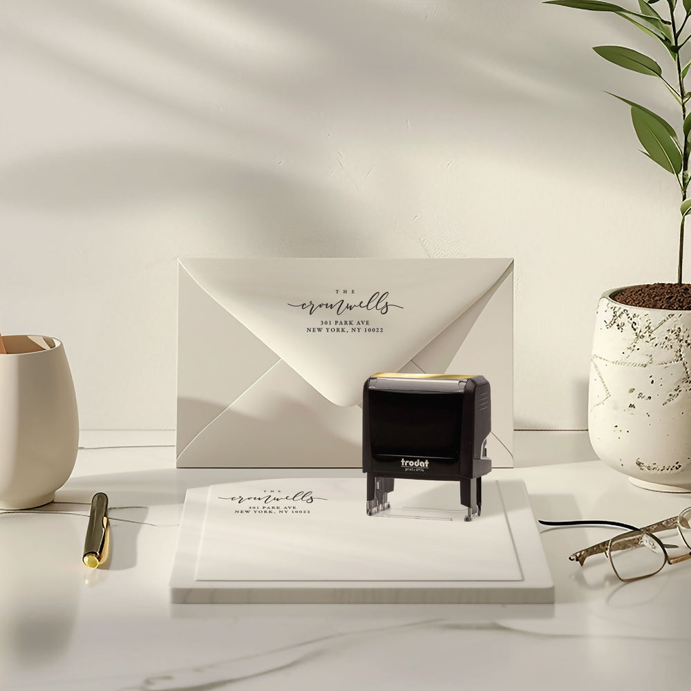 Custom Return Address Wedding Stamp - Personalized Self-Inking Stamp or Rubber Wooden Handle Stamp + Ink Pad, Plant Based - ROMANTIC SOIREE