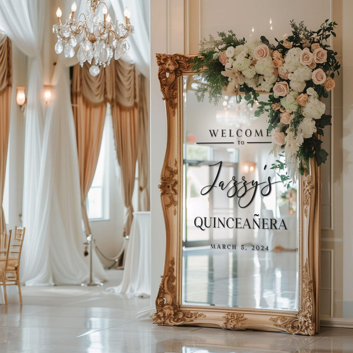 Custom Welcome to Quinceanera Entry Vinyl Decal Sticker for mirrors | Bat Mitzvah, Birthday, Sweet Sixteen, Baby, Bridal Shower Party Sign