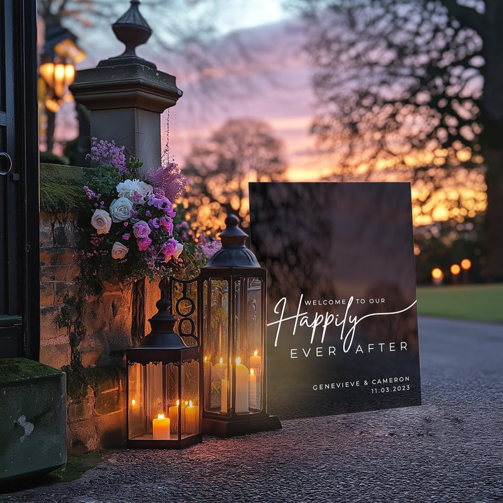 a couple of lanterns sitting next to a sign