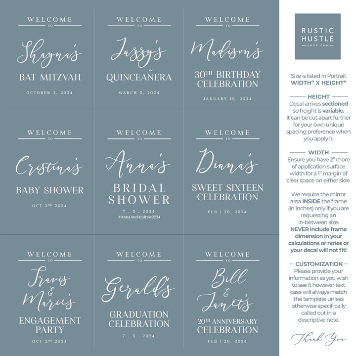 Custom Welcome to Quinceanera Entry Vinyl Decal Sticker for mirrors | Bat Mitzvah, Birthday, Sweet Sixteen, Baby, Bridal Shower Party Sign