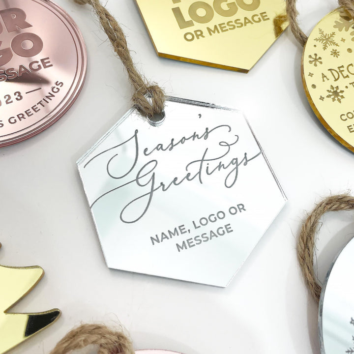 Custom Christmas Tree Ornament, Mirrored Acrylic Bulk Wholesale Logo Client Gifting, Corporate Holiday Stocking Stuffers, Personalized Decor