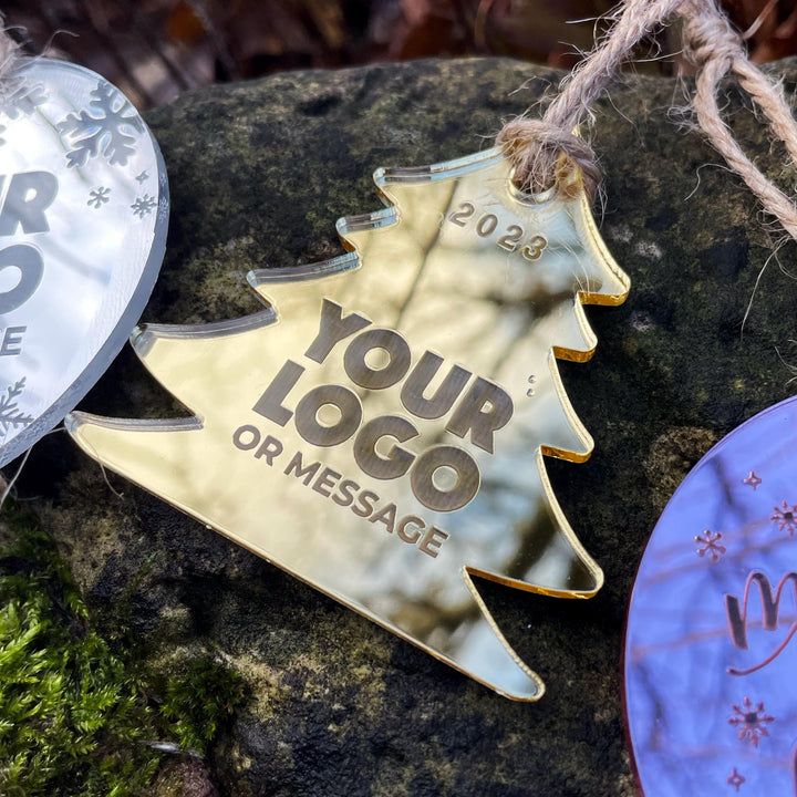 Custom Christmas Tree Ornament, Mirrored Acrylic Bulk Wholesale Logo Client Gifting, Corporate Holiday Stocking Stuffers, Personalized Decor
