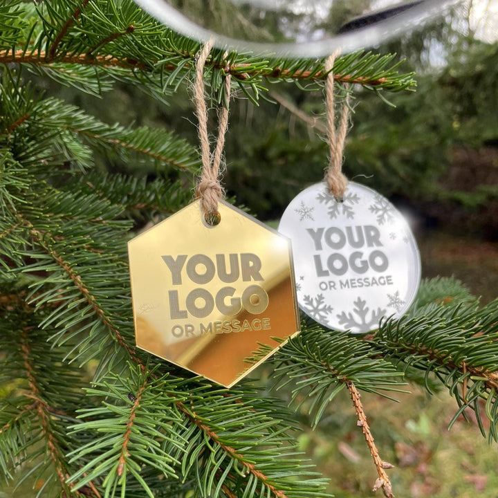 Custom Christmas Tree Ornament, Mirrored Acrylic Bulk Wholesale Logo Client Gifting, Corporate Holiday Stocking Stuffers, Personalized Decor