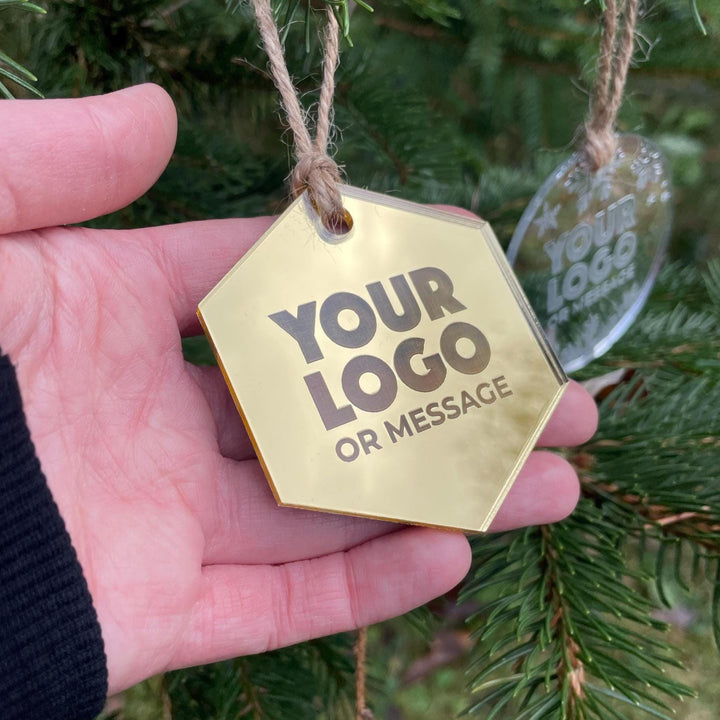 Custom Christmas Tree Ornament, Mirrored Acrylic Bulk Wholesale Logo Client Gifting, Corporate Holiday Stocking Stuffers, Personalized Decor