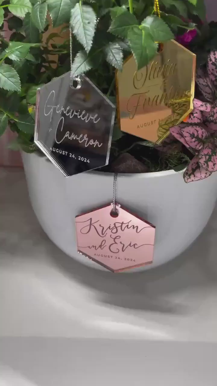 Custom Wedding Favour Ornament, Mirrored Acrylic Bulk Wholesale Logo, Monogram, Couples Name Gifting tag - ROMANTIC SOIREE