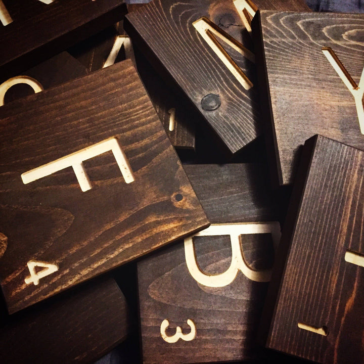 Large Wooden Word Letter Tiles - HOME Wall Letters Customizable - Engraved Pine Family Room Sign, 5x5" Wood Square Letter Decor