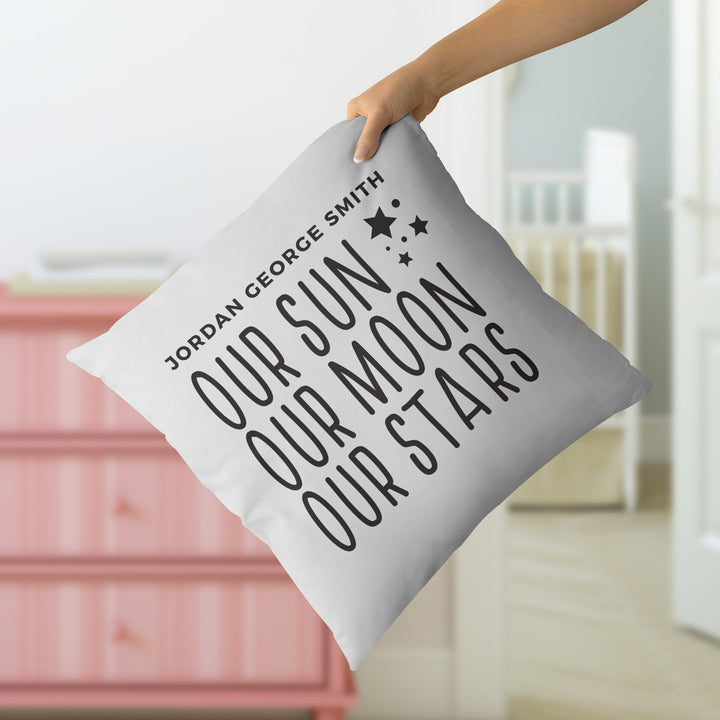 Custom Nursery Pillow with baby name, Our Sun Our Moon Our Stars, throw pillowcase, baby shower gift, customizable pillow personalized