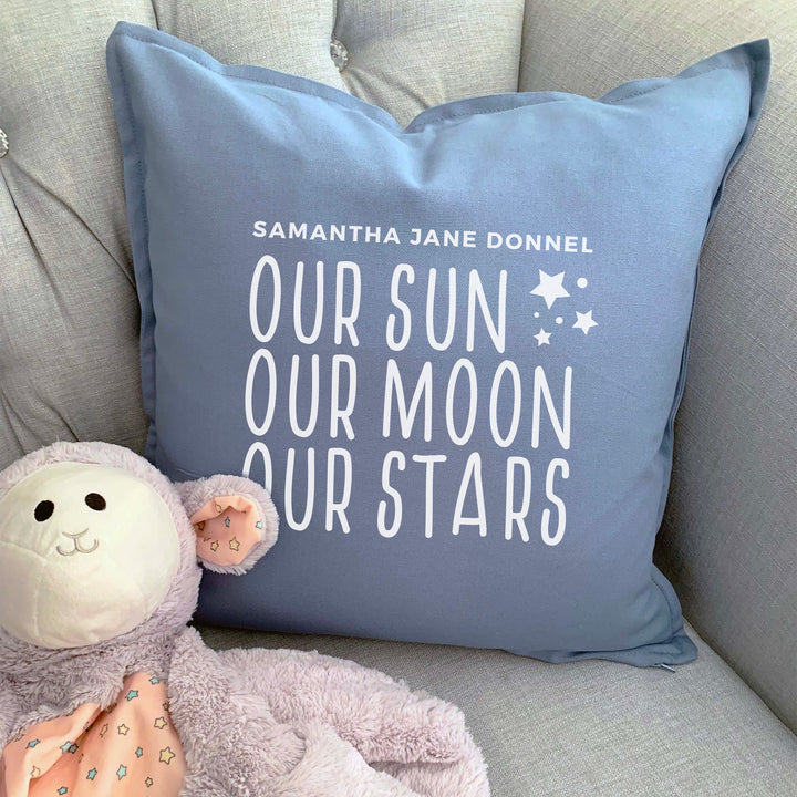 Custom Nursery Pillow with baby name, Our Sun Our Moon Our Stars, throw pillowcase, baby shower gift, customizable pillow personalized