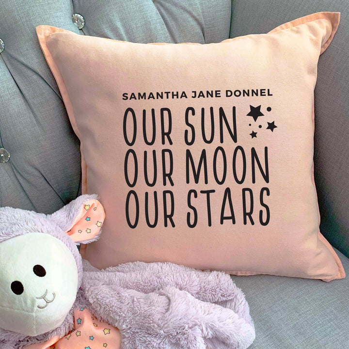 Custom Nursery Pillow with baby name, Our Sun Our Moon Our Stars, throw pillowcase, baby shower gift, customizable pillow personalized