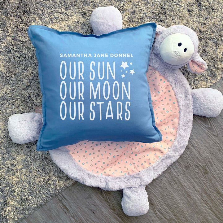 Custom Nursery Pillow with baby name, Our Sun Our Moon Our Stars, throw pillowcase, baby shower gift, customizable pillow personalized