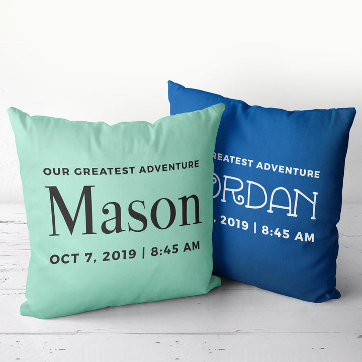 Custom Nursery Pillow with baby name, Our Greatest Adventure throw pillowcase, baby shower gift customizable pillow personalized