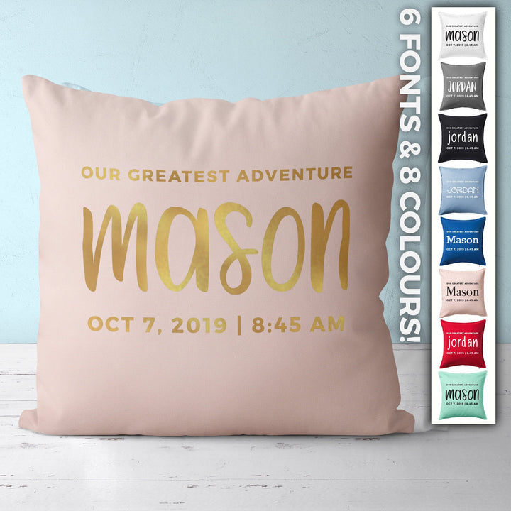 Custom Nursery Pillow with baby name, Our Greatest Adventure throw pillowcase, baby shower gift customizable pillow personalized