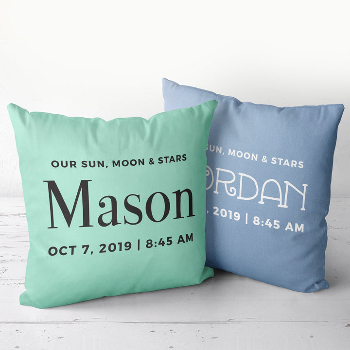Custom Nursery Pillow with baby name, Our Sun, Moon & Stars throw pillowcase, baby shower gift, customizable pillow personalized