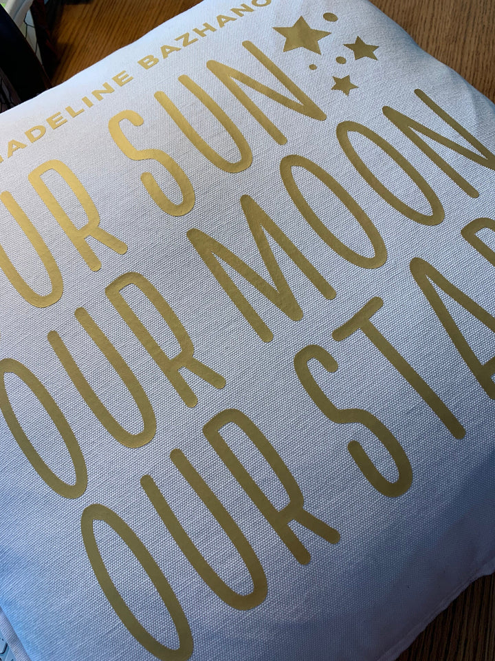 Custom Nursery Pillow with baby name, Our Sun Our Moon Our Stars, throw pillowcase, baby shower gift, customizable pillow personalized