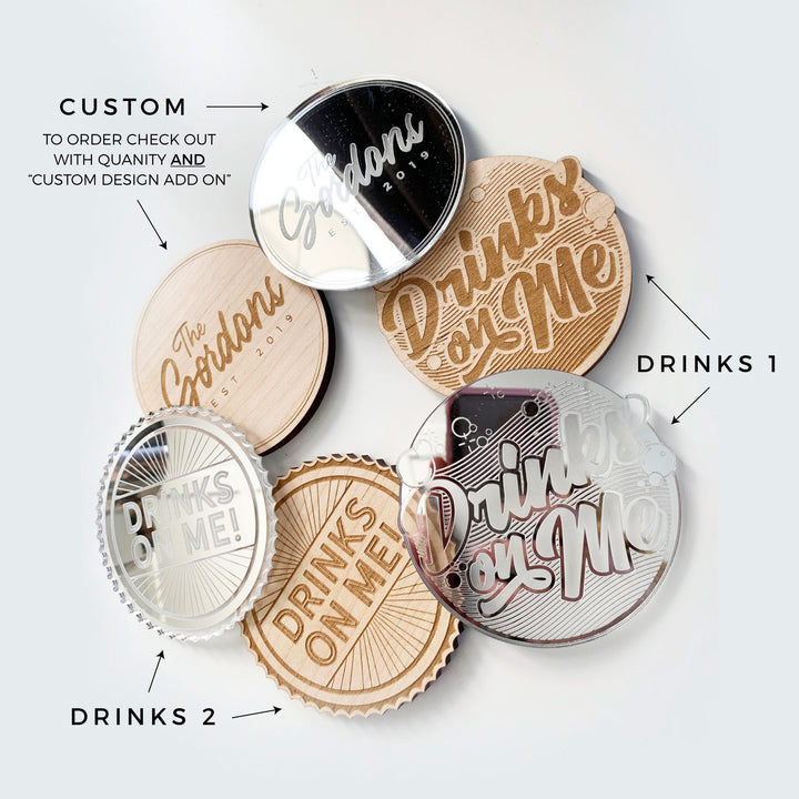 Drink Coasters Set - Drinks On Me Real Maple or Acrylic Coasters, Bar Decor, Bar Decor, Backyard Bar or Housewarming Gift