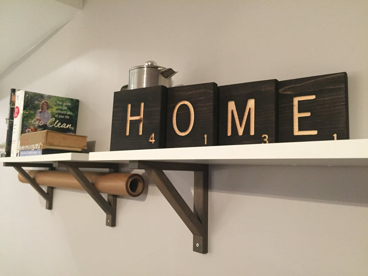 Large Wooden Word Letter Tiles - HOME Wall Letters Customizable - Engraved Pine Family Room Sign, 5x5" Wood Square Letter Decor