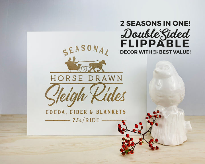 Sleigh Rides Christmas Sign, "Sleigh Rides" Country Christmas Standing Mantle Console Table Xmas Sign Decor, Double Sided White or Black