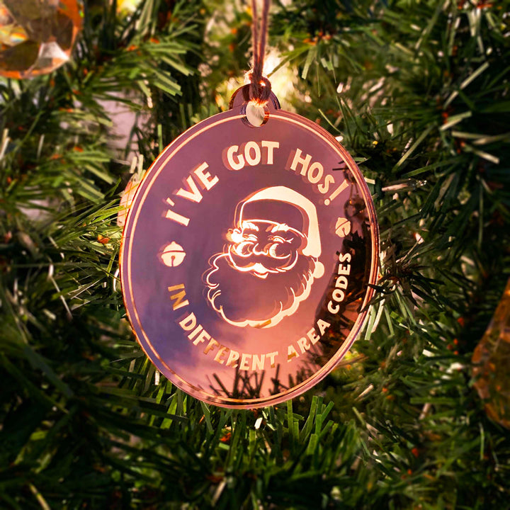 Engraved Christmas Tree Ornament - Cheeky Santa's 'Hos in Area Codes'