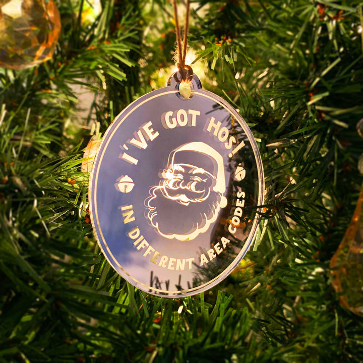 Engraved Christmas Tree Ornament - Cheeky Santa's 'Hos in Area Codes'