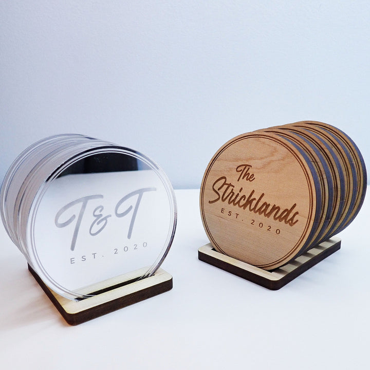 Custom Name Coasters - Wooden Drink Coasters Set, Real Maple or Acrylic Coasters, Bar Decor, Engagement Wedding Gifts, Housewarming Gift