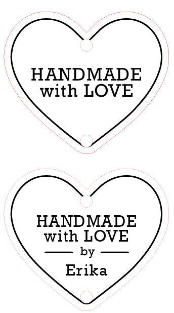 Custom 'Handmade with Love' Product Tags, Heart Shaped Personalized Buttons for Knitted and Crochet Items in Wood, Mirrored Acrylic Plastic