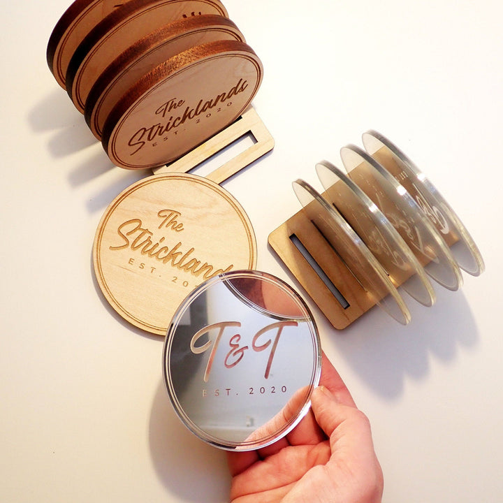 Custom Name Coasters - Wooden Drink Coasters Set, Real Maple or Acrylic Coasters, Bar Decor, Engagement Wedding Gifts, Housewarming Gift