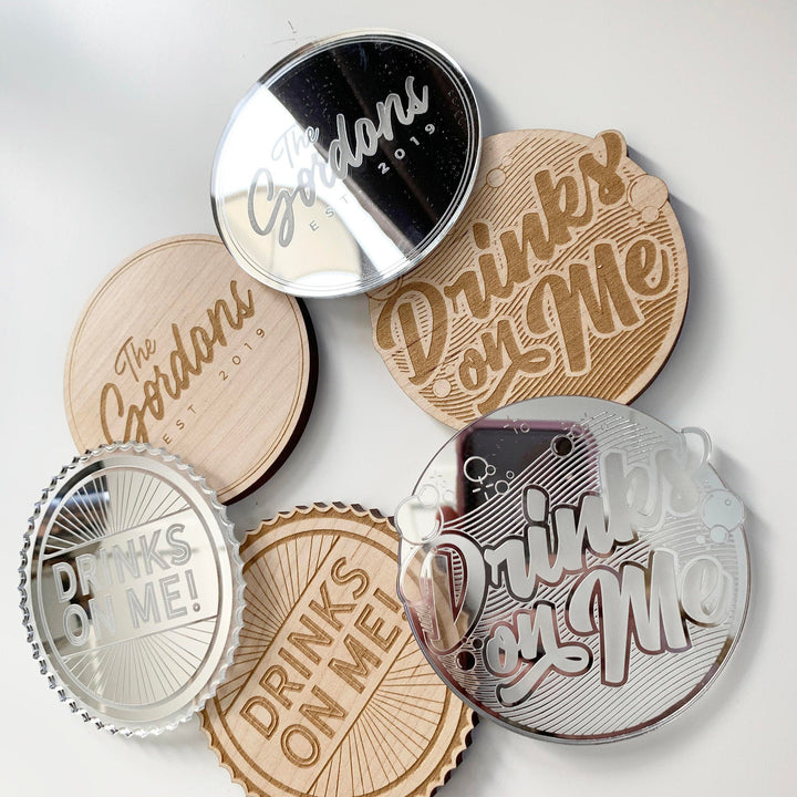 Custom Name Coasters - Wooden Drink Coasters Set, Real Maple or Acrylic Coasters, Bar Decor, Engagement Wedding Gifts, Housewarming Gift