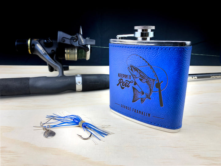 Custom Engraved Flask, Personalized Fishing Gift, Fisherman Gifts - Cruelty-Free Leatherette or Anodized Aluminum "Keepin it Reel"