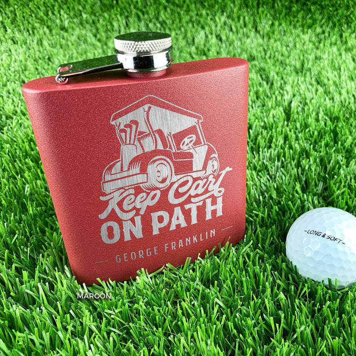Custom Engraved Golf Flask - 'Keep Cart On Path'