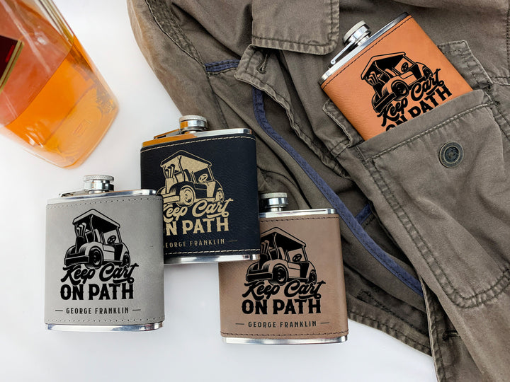 Custom Engraved Golf Flask - 'Keep Cart On Path'