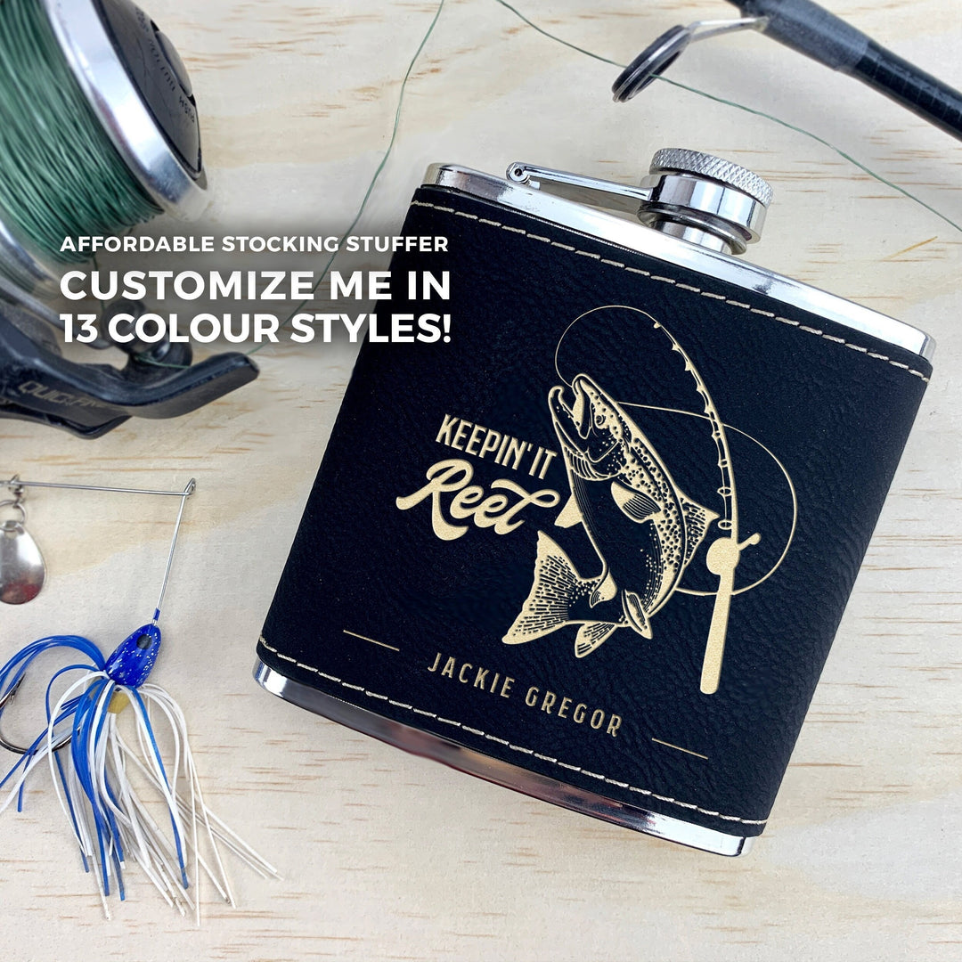 Custom Engraved Fishing Flask, Personalized Fishing Gift, Fishing gifts for men and women - Leather Aluminum "Keepin it Reel"