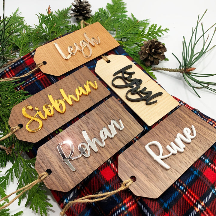 Custom 3D Christmas Stocking or Gift Tags, Personalized Metallic + Wood, Hanging Name Tag for Christmas Socks, Xmas Mantle Decor