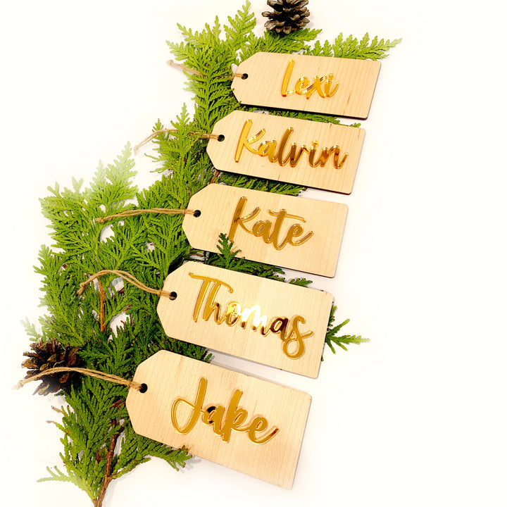 Custom 3D Christmas Stocking or Gift Tags, Personalized Metallic + Wood, Hanging Name Tag for Christmas Socks, Xmas Mantle Decor